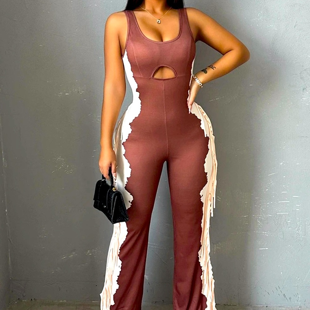 Shien Stylish Brown and White Fringed Jumpsuit